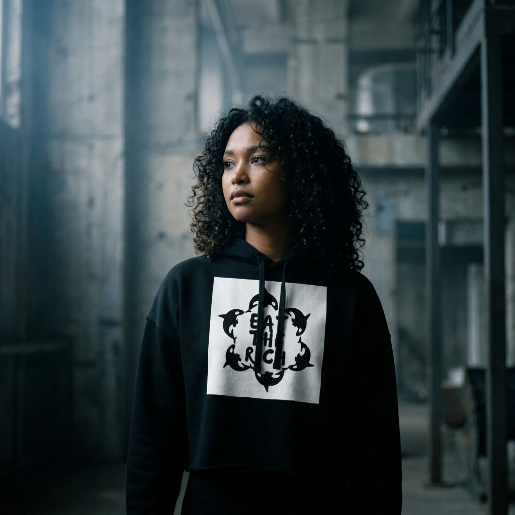 Model wearing the Eat The Rich cropped hoodie