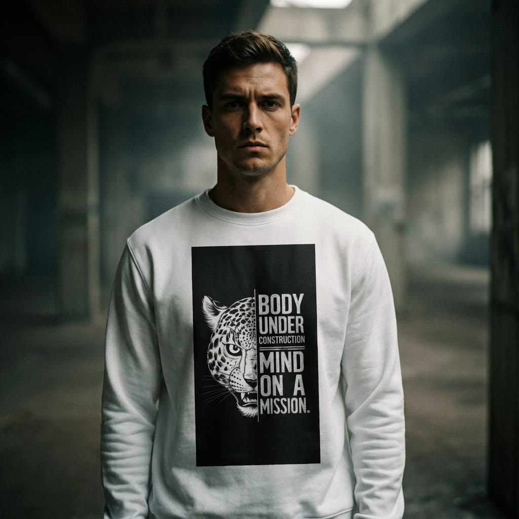 Model wearing the Body Under Construction eco sweatshirt