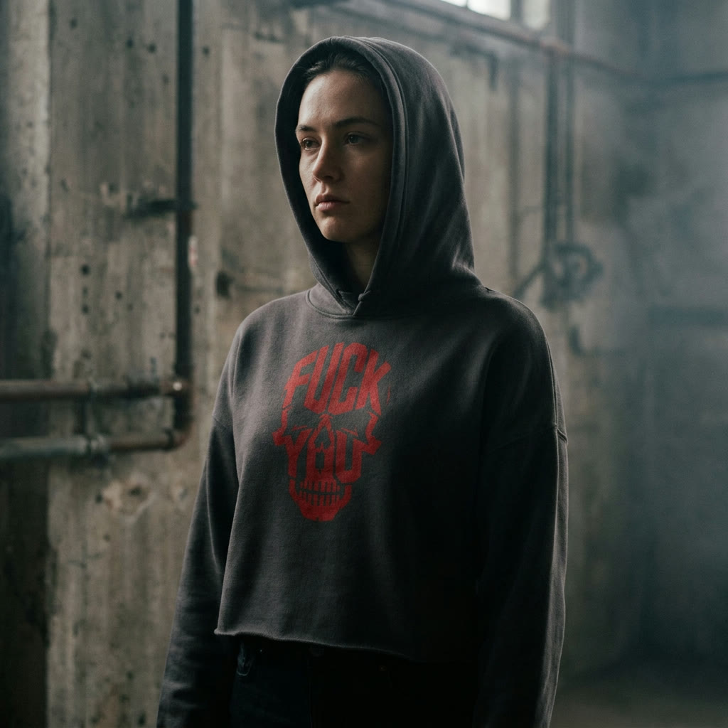 Model wearing the skull graphic cropped hoodie