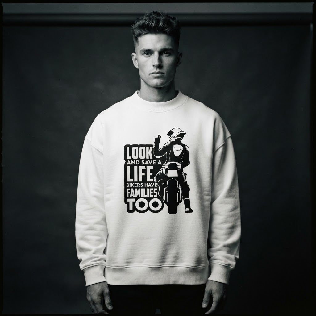 Look Twice, Save A Life Biker Eco Sweatshirt worn by model