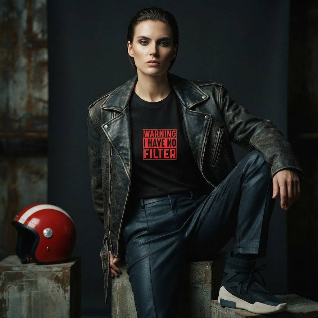 Warning: I Have No Filter Tee worn by model