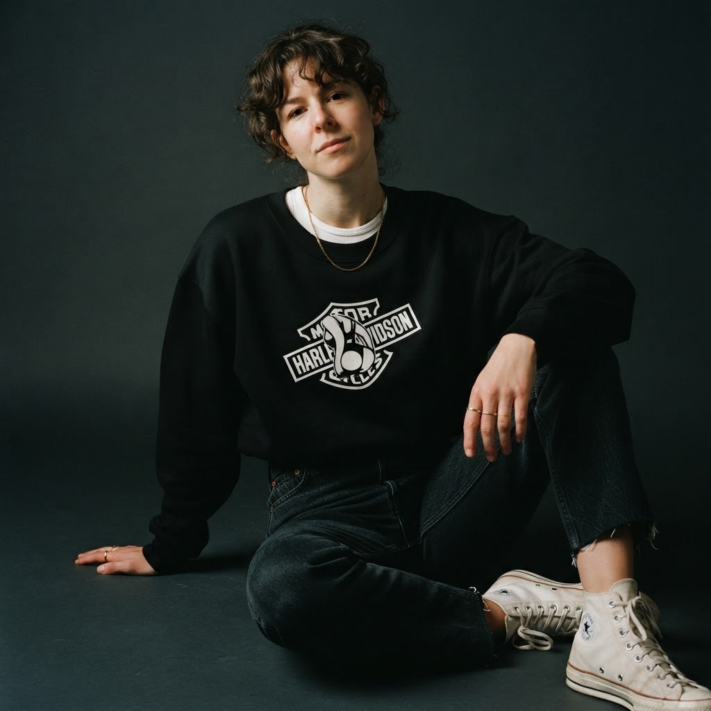 Ride Free Motorcycle Badge Eco Sweatshirt worn by model