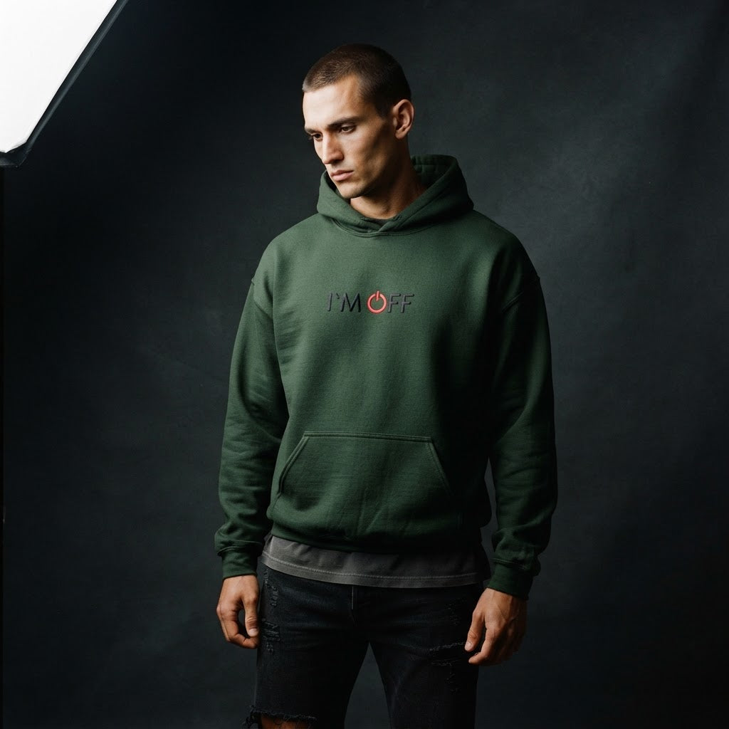 I'm Off Power Button Hoodie worn by model
